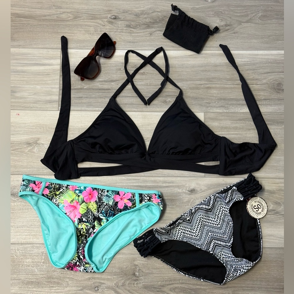 SO Black Bikini Set w/Floral & Chevron Designs.Halter Bikini Top - Shade & Shore